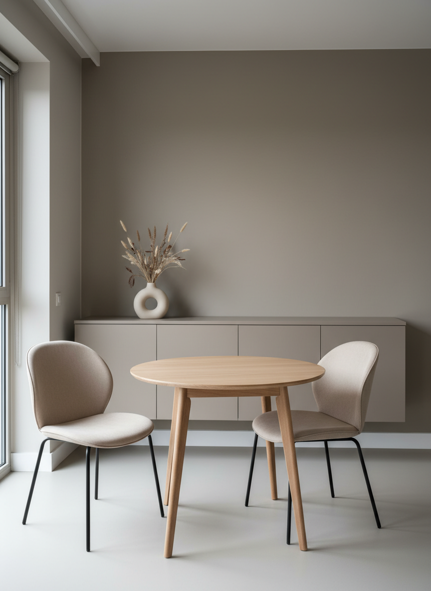 A serene, medium-sized open-plan apartment corner transformed by AI interior design, showcasing a compact dining nook: a round light-wood table with a satin finish, paired with sculptural beige upholstered chairs featuring fine stitching and slender black legs. Behind, a continuous wall in warm greige supports a floating sideboard in matte taupe with discreet handleless doors. A single ceramic vase with dried neutral-toned grasses adds texture. Soft overcast daylight from a large off-frame window creates delicate reflections on the tabletop and subtle shadows under the sideboard. Captured from a slightly elevated angle, sharp focus throughout, emphasizing clean lines and functional elegance. The mood is calm, practical, and refined, illustrating how coherent, budget-conscious interiors can look polished and harmonious through AI guidance. Photographic, minimalist composition with a muted, sophisticated palette.