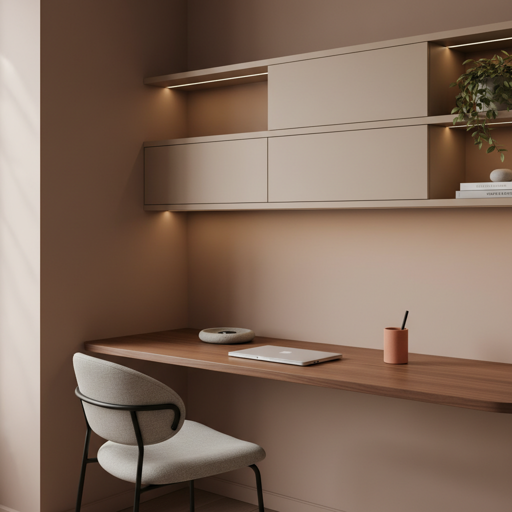 A stylish home office corner designed through AI and human expertise, featuring a slim walnut desk with rounded edges, a matte sand-colored wall-mounted shelf system above, and a sleek ergonomic chair with light grey fabric and fine black metal frame. On the desk, only a closed thin laptop, a small stone tray, and a muted terracotta pen holder, all carefully aligned. The wall behind is painted in a soft, warm clay tone, transitioning gently where light falls. Soft side lighting from an unseen window creates refined shadows under the shelves and a subtle gradient on the wall. Photographed from an eye-level, three-quarter view with a shallow depth of field, gently blurring the far background. The atmosphere is focused, serene, and organized, conveying the sophistication and clarity of a thoughtfully optimized interior workspace. Photographic realism, minimalist and elegant.